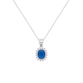 Asfour Crystal Box Chain Necklace With Halo Blue Oval Pendant In 925 Sterling Silver-NM0035-B